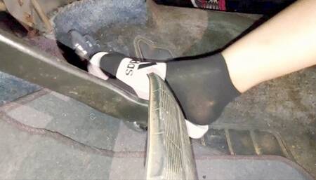 White Adidas Slide Driving