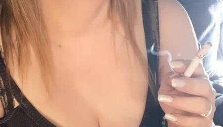 sensual smoking cigarette with french, snap inhales, nose exhales, dangling so much smoke