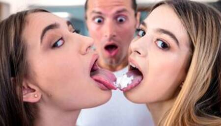 Tiny stepsister and bestie share a cock