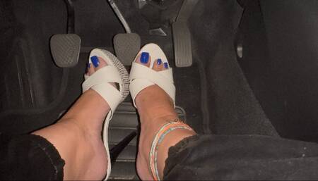Juliette on a real Pedal Pumping wearing sexy mules - Blue Pedicure Long Toenails - PEDAL PUMPING - DRIVING ON HEELS - REVVING - BLUE PEDICURE - LONG TOENAILS