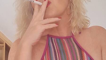 Smoke break in sexy fishnet top