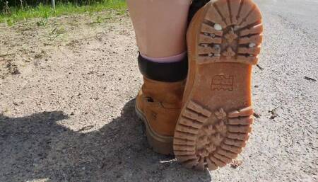 Giantess in Timberland PRO Boots Walking on Gravel