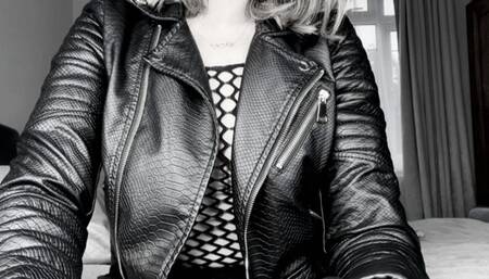 Sasha Bull Smoking in Leather, Gloves and Fishnet Black and White Version