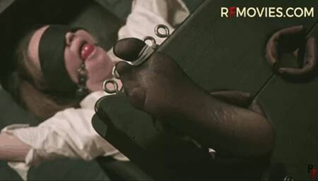 Agent Dina in a trap - Nylon foot tickling in stocks (HD 720p MP4)