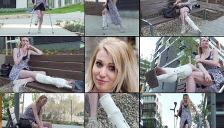 Jade SLWC with Heel Bar Struggling on Crutches in Long Summer Dress (in HD 1920 X 1080)