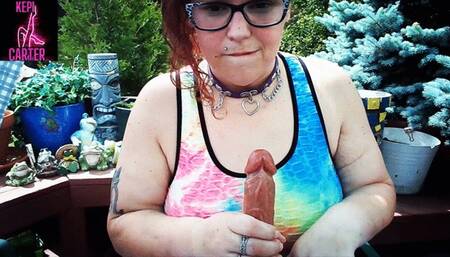 Outdoor Dildo Suck & gag with titty and dildo fucking