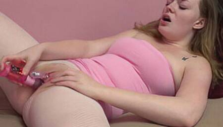 Samantha cums hard in her white fishnets