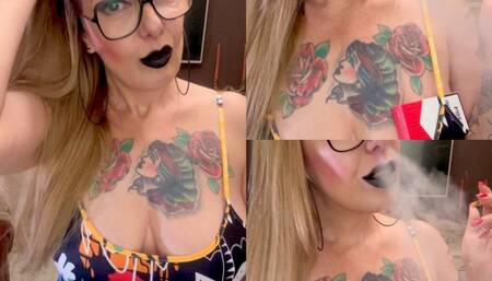 Blowing smoke in your face- Marlboro 100s - Crush - Deep Inhales - Dangling - Nose exhales - High heels - Long dress - Long Hair