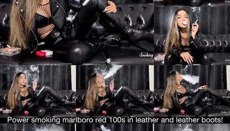 Power smoking malboro red 100s in leather jacket, fishinet top, leather pants and leather high heeled boots!