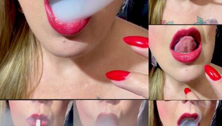 Close-up White Cigarette 80s - Deep Inhales -Nose Exhales -Coughing - Red Lipstick