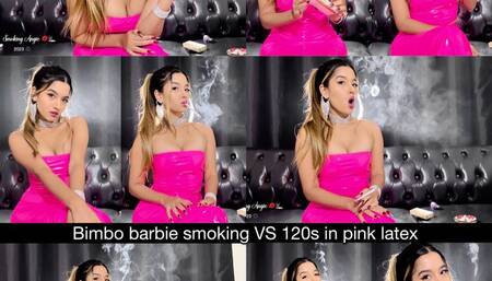 Bimbo smoking virginia slims 120s in a pink latex two piece set!
