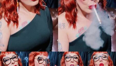 Beautiful redhead smoker, very well made up, sexy red lips smoking her long white cigarette and blowing smoke in her face - Dangling - Deep Inhales - Nose Exhales