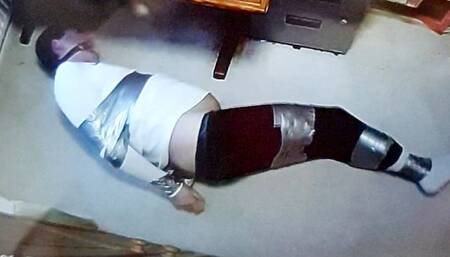 Watching a duct taped man struggling in my isolation room -BBW domination,BBW bondage,amateur,male bondage,man in bondage,duct tape,duct taped,taped up,man tied up,bound and gagged man,leggings,socks,gay bondage,tape bondage,