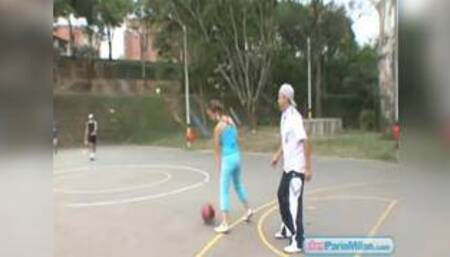 Busty cute petite teen plays on the court