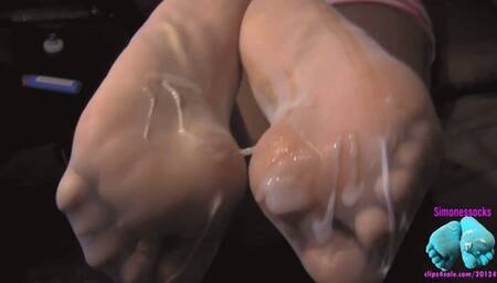 runny white stockings footjob! (heavy load on my nylon soles)