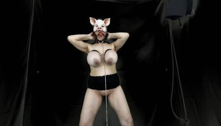 Piggy in bondage gets milked and fucked with wand massager