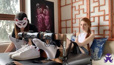 Iara first time in the stocks - foot tickled by Yuxi and Octopus - Interview SUB ENG - Pt 1 - 1080