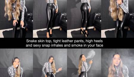 Angie smoking in a snake skin top, tight leather pants, huge high heels, includes sexy snap inhales!