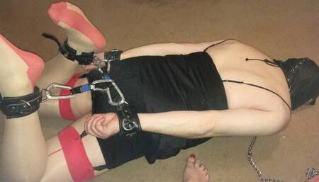 Woman massages hogtied sissy cock with her foot -BBW domination,BBW bondage,amateur,male bondage,man in bondage,man tied up,hogtied,hogtie,stockings,cock foot massage,toes,footjob,feet,CBT,lingerie,