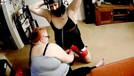 BBW woman dominates sissy -BBW domination,BBW bondage,amateur,male bondage,man in bondage,man tied up,hogtied,hogtie,stockings,cock foot massage,toes,footjob,feet,CBT,lingerie,post cum play,post orgasm torment,edging,edged,