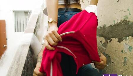 Round ass Latina is playing with stranger's prick out in the open