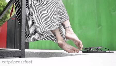 Outside high arch foot tease, dirty soles show, white toes, milf feet