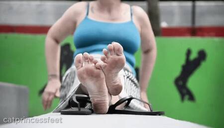 Boobs and dirty soles tease, ignoring, white nails, outside milf feet