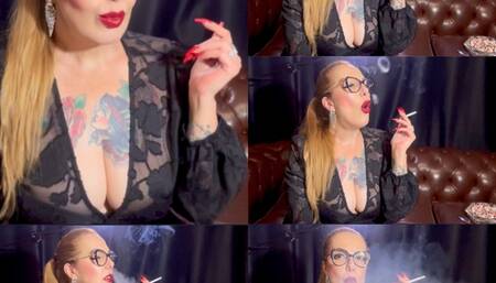 Elegant smoker - Close-up Long white cigarettes - Deep Inhales -Nose Exhales - Coughing - Smoke rings - Long drag