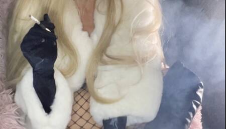 Black sobranie smoking in fur fishnet and overknees