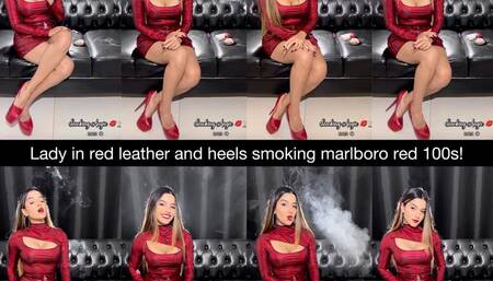 Lady in red! Smoking marlboro red 100s in a red snake skin leather minskirt and top and red leather pump stilettos!
