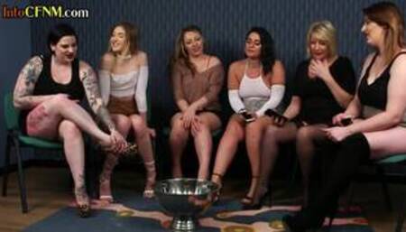 CFNM femdom group collecting cum from their male subs