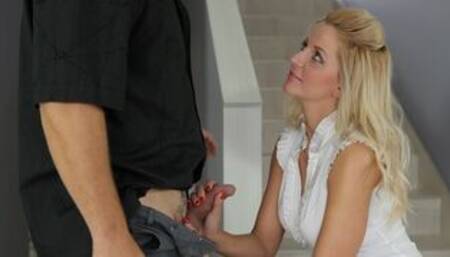 Bald man drills comely mistress with big breasts near stairs