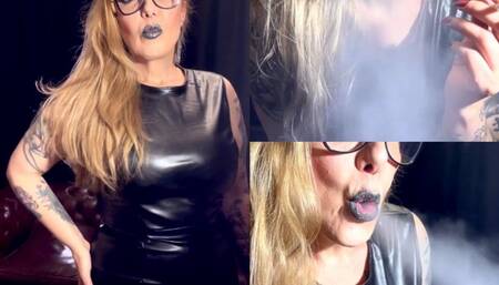 Marlboro reds - Deep Inhales - Crush - Fake leather dress - Black Pantyhose - High heels - Makeup - Long Hair