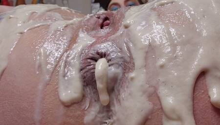 PanCake Batter Anal, messy, pan cake batter goozing out of ass hole, thickly spread all over my ass, anal fisting, anal fingering, wet and messy, front and back views, and some toy play, wisk fun