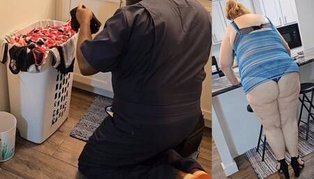 Caught Perverted plumber sniffing my dirty panty in bathroom, and taught him a lesson