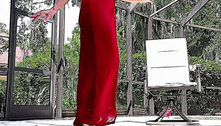 Carissa in red dress--elegant transition from dress to nude underwater in red high heels