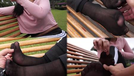 Sweet giggles and ticklish Xiomara's nylon feet in the park just for a while! - MOV