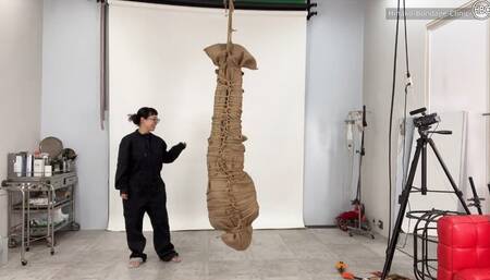 Suspended Upside Down and Caned In Burlap Bag and Rope Bondage!