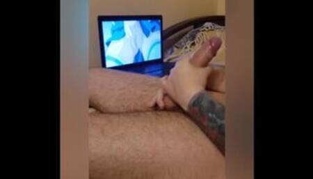 Schoolboy jerks off a big dick while watching hentai huge load POV - Mazarini - HD