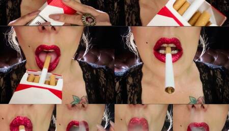 Close-up - Marlboro reds 100s - Power Smoking - Triple pumps - Multiple pumps - Deep Inhales - Coughing - Lipstick