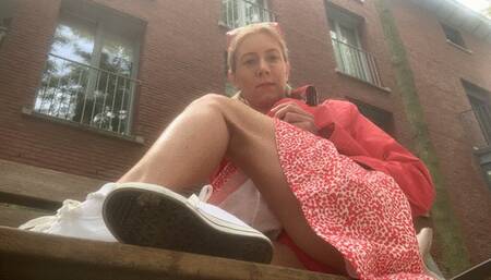 Exhib in red and white outfit