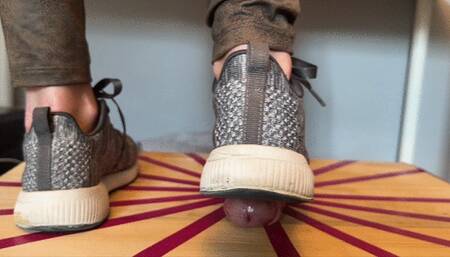 Gray sneakers shoejob on Cockbox with Ballstomping and Cumshot