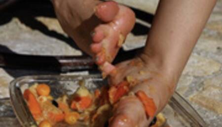 Ooey Gooey Yummy Tropical Fruit Feet SD- Katherine Green sploshing, sticky feet, barefoot barefeet feet fetish toes food play food crush squish