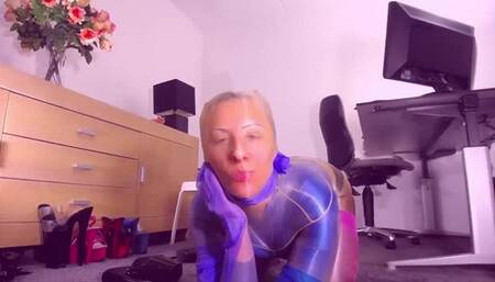 Episode 254   Full encasement outfit, shiny colorful stockings, teasing in nylon layers, playing with a dildo and SQUIRT