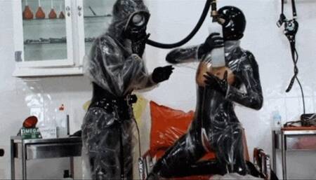 Hot sluts with plastic over rubber outfits and piss bottle re-breather session - Part 2 of 2