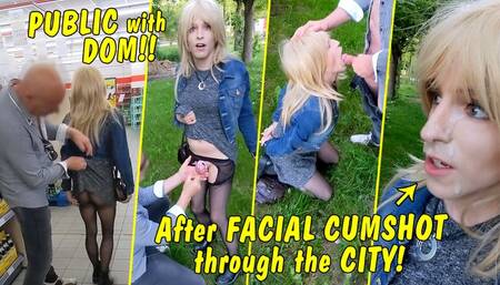 Tranny Girl Public with a dominant guy!! After facial cumshot she continues walking through the city!