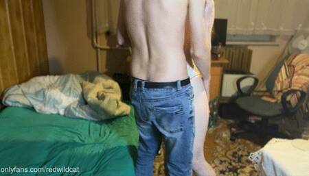 Sensual and passionate cowgirl sex of young teen couple with cum inside tight pussy of skinny and petite girl