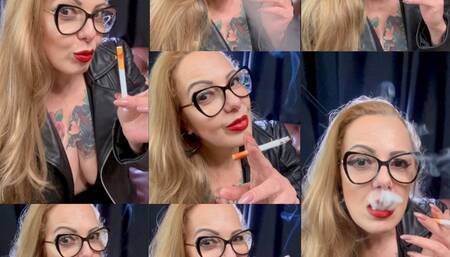 Lady Smoker smoking her Marlboro reds 100s - Severe Coughing - French Inhales - Triple pumps - Deep Inhales - Genuine leather jacket