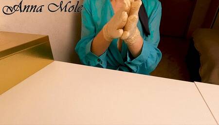 Hand fetish, gentle oil moisturizes my hands with long golden nails