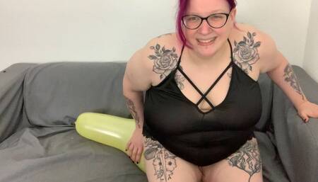 Blowing up, riding and needle pop a balloon